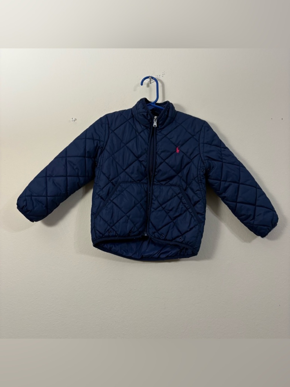 Polo Ralph Lauren Navy Blue Quilted Puffer Jacket girls 3T pink Pony zip up